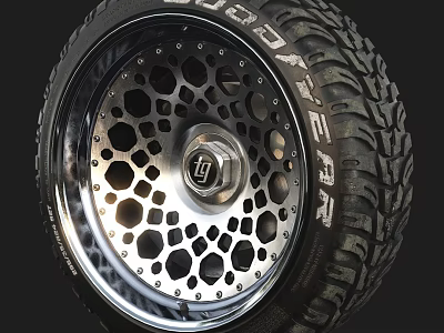 Stylish Off-Road Tire Featuring Deep Tread and Silver Alloy Wheel Hole Design 3d model