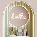 Pastel Wardrobe With Arched Doors Circular Top Compartments Neon Hello Sign And Decorative Shelving