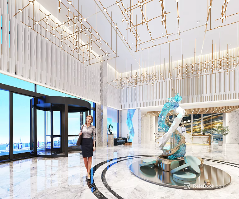 Luxurious Hotel Lobby With Large Glass Windows Golden Ceiling Decor And Blue Art Sculpture 3d model 