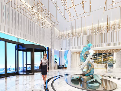 Luxurious Hotel Lobby With Large Glass Windows Golden Ceiling Decor And Blue Art Sculpture 3d model
