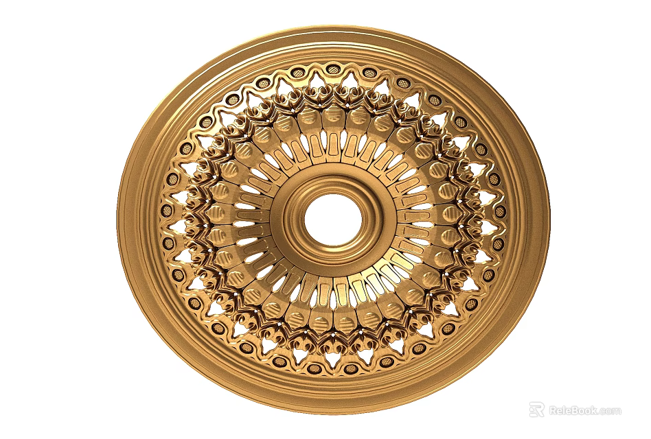 Golden Circular Ceiling Light Plate Featuring Intricate Decorative Patterns And Central Hole 3d model