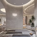 Modern Clothing Store Interior with Circular Ceiling Fashion Apparel Display Mannequins Sofa and Shoes