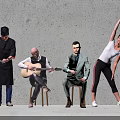 Group of People Doing Various Activities Chef Preparing Food Playing Guitar Stretching By Gray Wall