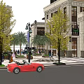 Vibrant Commercial Street With Pedestrians Outdoor Seating Umbrellas Palm Trees And Stylish Buildings