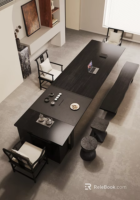 Modern Black Wooden Table and Chair Set with Tea Set Laptop Bench on Gray Floor 3d model 