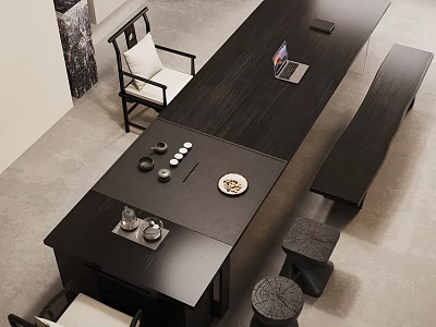 Modern Black Wooden Table and Chair Set with Tea Set Laptop Bench on Gray Floor 3d model