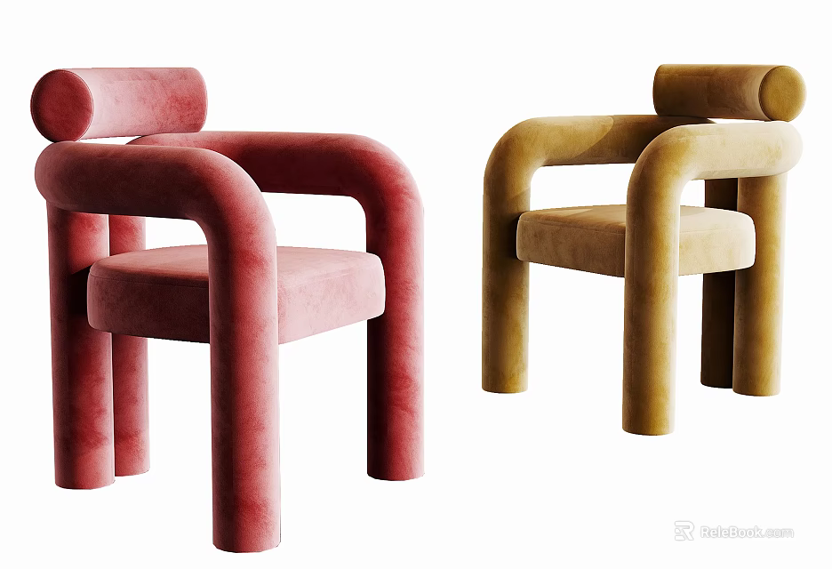 Modern Dining Chairs With Curved Armrests Rounded Design And Red Yellow Velvet Upholstery 3d model 