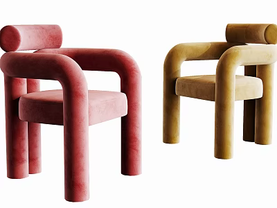 Modern Dining Chairs With Curved Armrests Rounded Design And Red Yellow Velvet Upholstery 3d model