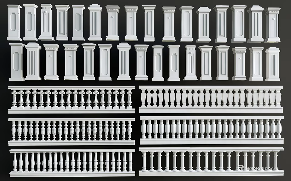 Different Styles Of Decorative Railings Featuring Various Column Designs And Patterns 3d model 