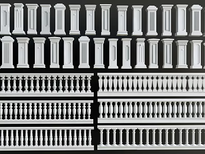 Different Styles Of Decorative Railings Featuring Various Column Designs And Patterns 3d model