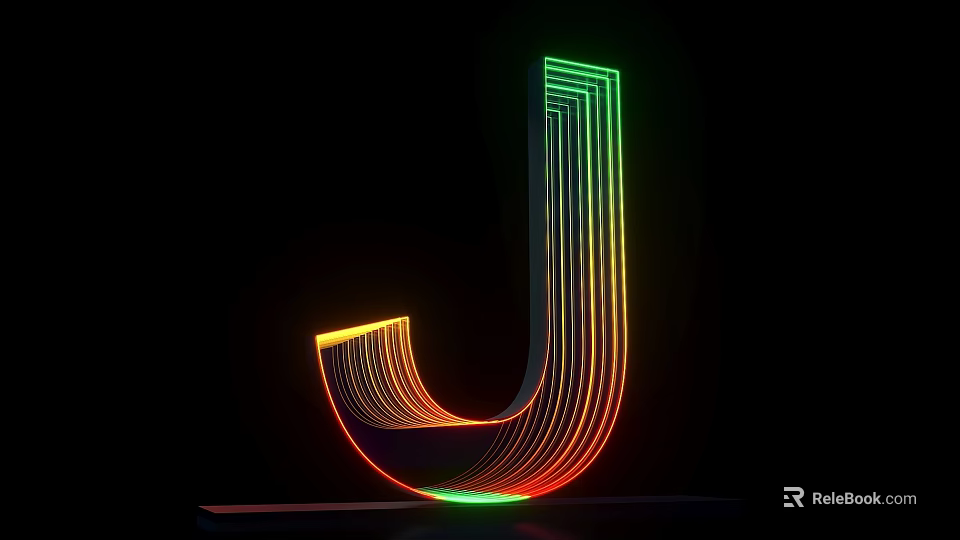 Modern 3D Letter J Design With Colorful Neon Lights On Black Background 3d model 