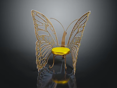 Artistic Butterfly Shaped Single Chair With Golden Intricate Hollow Wings And Yellow Seat 3d model