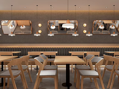 Modern Restaurant Interior With Wooden Tables Chairs Hanging Lights And Mirrors 3d model