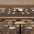 Modern Restaurant Interior With Wooden Tables Chairs Hanging Lights And Mirrors