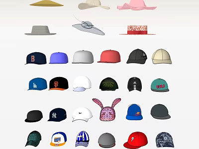 Assorted Hats Including Baseball Caps Sun Hats and Decorative Designs in Various Colors 3d model