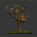 Small Wooden Treehouse On Tree Trunk With Ladder And Green Grass Surface