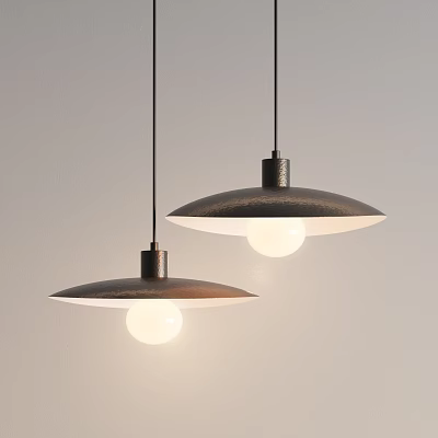 Two Modern Metallic Dome Shaped Pendant Lights With White Bulbs Hanging On Light Background Wall 3d model
