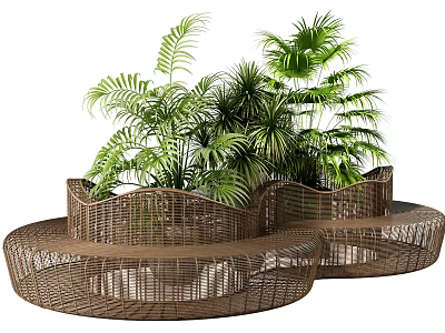 Modern Wicker Public Chair Design Surrounded By Green Plants In Outdoor Setting 3d model