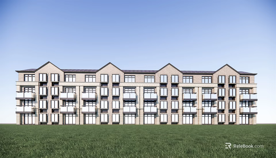 Row of Modern Townhouses Exterior Design With Balconies Windows and Green Lawn Front 3d model 