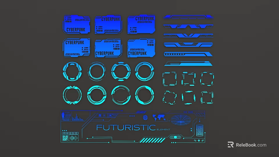 Futuristic Design Elements With Neon Blue Cyan Lights Labels And Circular Patterns 3d model