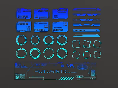 Futuristic Design Elements With Neon Blue Cyan Lights Labels And Circular Patterns 3d model