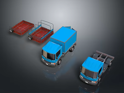 Blue Delivery Trucks And Red Flatbed Trailers For Commercial Transport Use 3d model