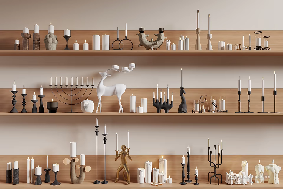 Minimalist Wooden Shelf Decorative Ornament Set With Candle Holders Deer Sculptures And Figurines 3d model 