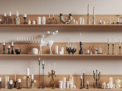 Minimalist Wooden Shelf Decorative Ornament Set With Candle Holders Deer Sculptures And Figurines 3d model