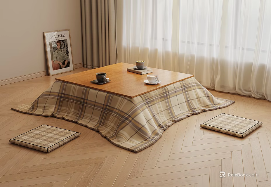Low Table and Cushion Set With Plaid Cloth And Cups On Wooden Floor By Curtains 3d model 