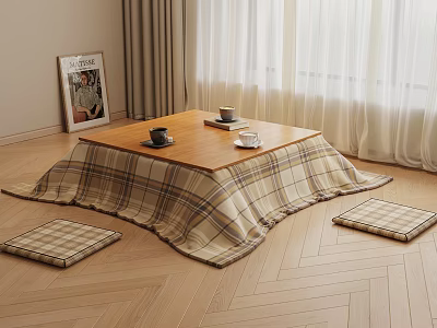 Low Table and Cushion Set With Plaid Cloth And Cups On Wooden Floor By Curtains 3d model