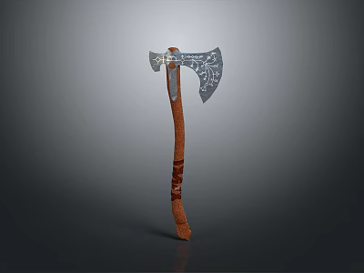 Ornate Silver Axe With Wooden Handle Brown Leather Straps And Decorative Patterns 3d model