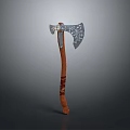 Ornate Silver Axe With Wooden Handle Brown Leather Straps And Decorative Patterns