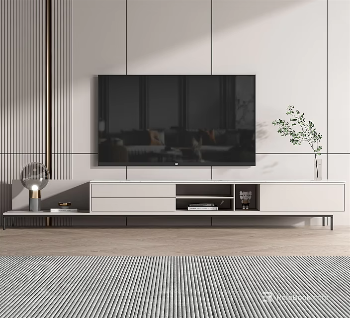 Modern White TV Stand With Storage Drawers Open Shelves Green Plant And Mounted TV 3d model 