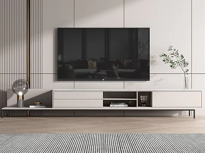 Modern White TV Stand With Storage Drawers Open Shelves Green Plant And Mounted TV 3d model