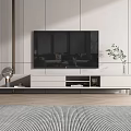 Modern White TV Stand With Storage Drawers Open Shelves Green Plant And Mounted TV