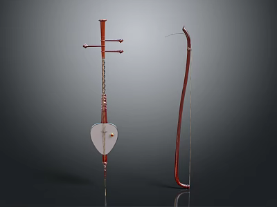Traditional Chinese Pipa And Erhu Musical Instruments With Red Wooden Body Tuning Pegs And Bow 3d model