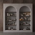 Decorative Ornament Collection on Arched Shelving Unit with Wooden Wall Backdrop and Minimalist Design