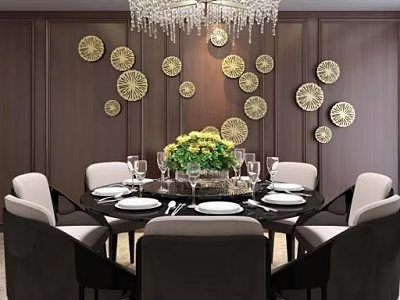 Elegant Dining Table Set With White Chairs Crystal Chandelier And Golden Circular Wall Decor 3d model