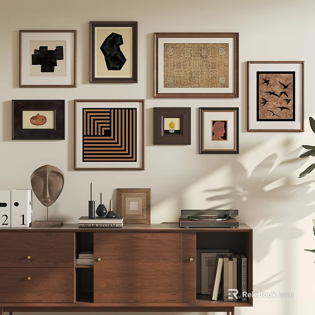 Decorative Ornament Combination With Wall Framed Artworks Wooden Console Cabinet Sculpture And Record Player 3d model 