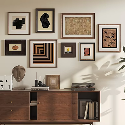 Decorative Ornament Combination With Wall Framed Artworks Wooden Console Cabinet Sculpture And Record Player 3d model