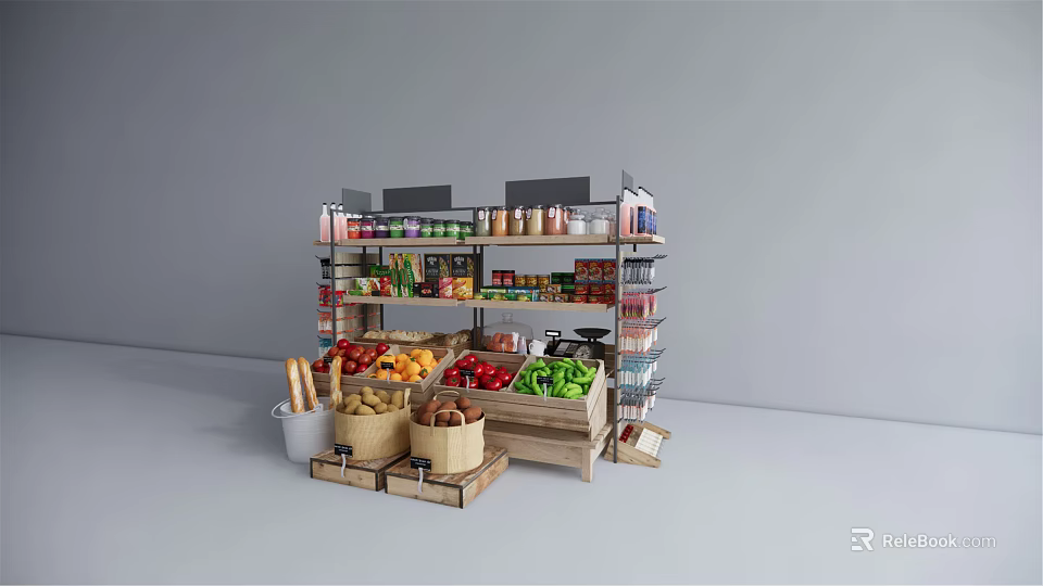 Organized Retail Display Shelves With Fruits Vegetables Canned Goods And Wooden Baskets 3d model 