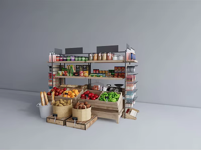 Organized Retail Display Shelves With Fruits Vegetables Canned Goods And Wooden Baskets 3d model