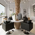 Modern Beauty Salon Interior With Tree Like Decoration Round Mirrors Black Sofas and Large Windows 3d model