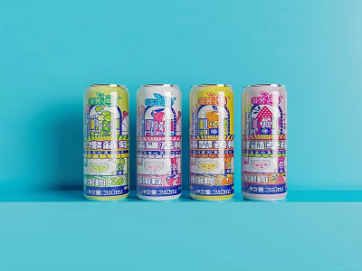 Colorful Canned Beverages With Various Labels Arranged In Row On Blue Background 3d model