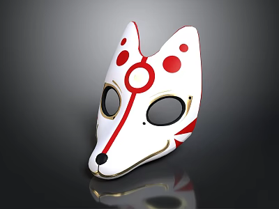 White Fox Mask Featuring Red Spots Gold Trim And Black Eye Holes 3d model