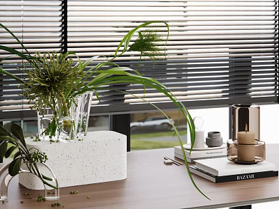 Modern Vase with Fresh Green Plants on Wooden Table and Window Blinds Background 3d model