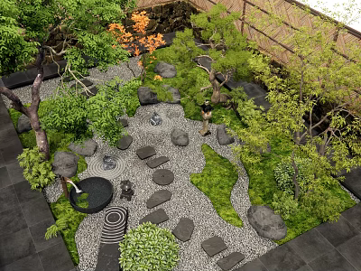 Serene Garden Courtyard with Stepping Stones Lush Greenery Decorative Rocks Circular Patterns and Wooden Fence 3d model