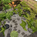 Serene Garden Courtyard with Stepping Stones Lush Greenery Decorative Rocks Circular Patterns and Wooden Fence