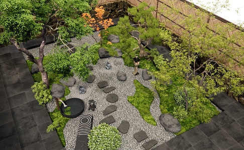 Japanese-style courtyard landscape courtyard sketch Ting step micro-terrain landscape tree plant pile stone water bowl wall 3d model