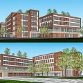 Red Brick Multi Story School Building with Large Windows Trees Lawn and Open Space 3d model